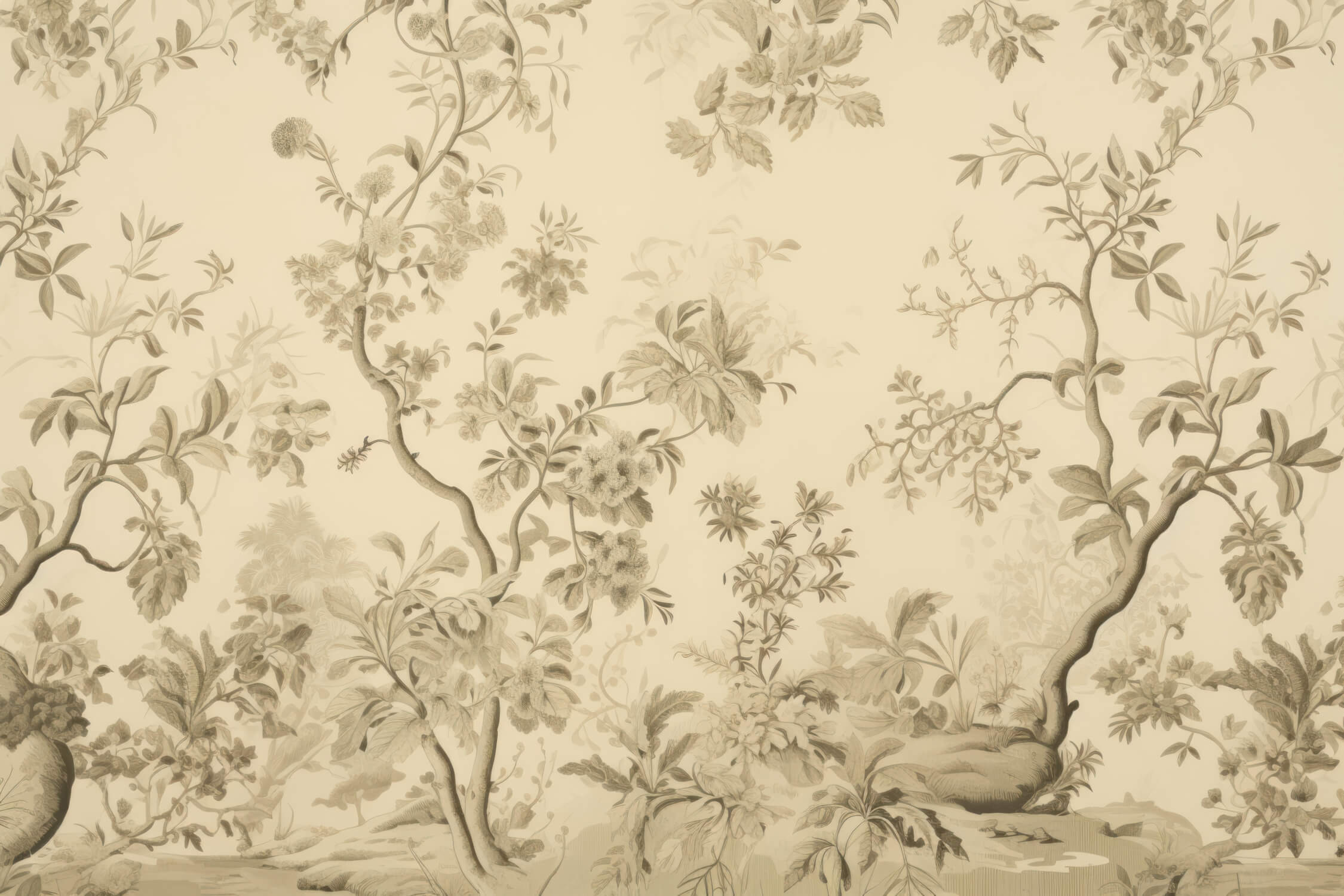 Papier Peint Toile De Jouy Beige Fleuri