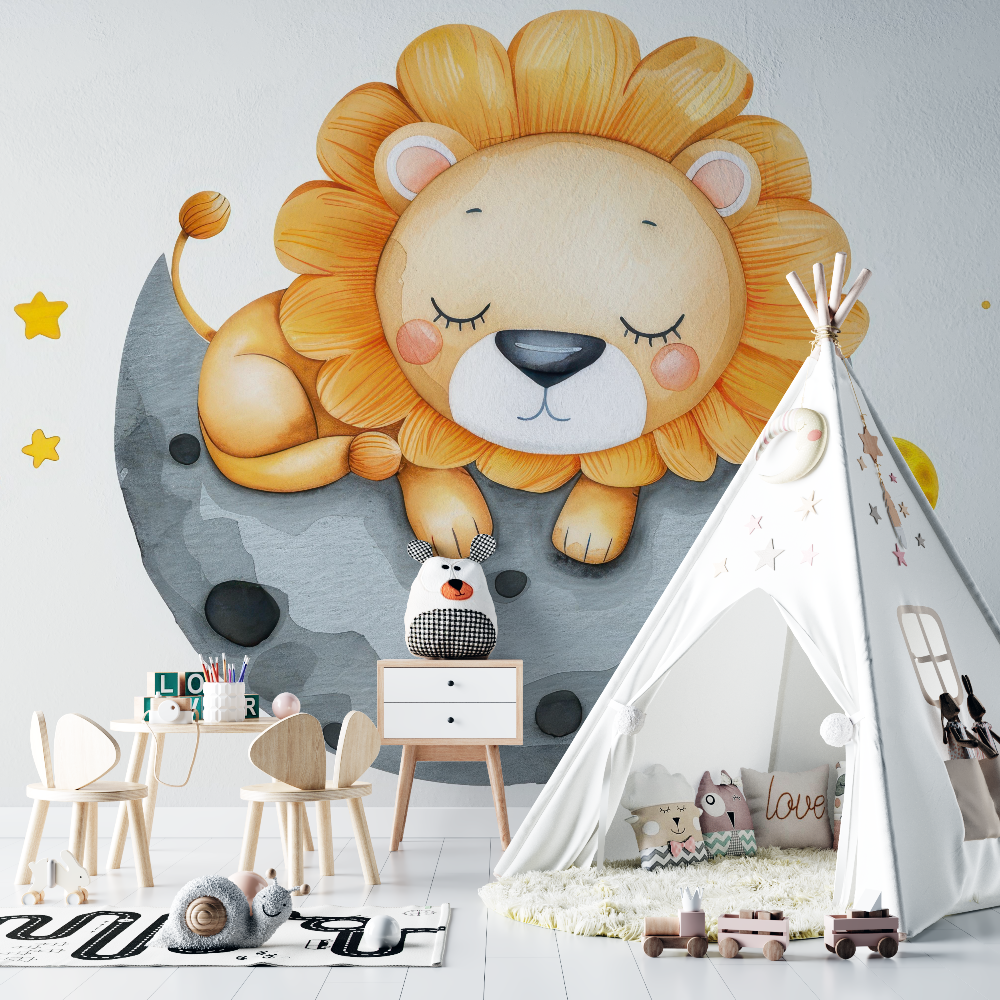 Papier peint lion et lune chambre bebe