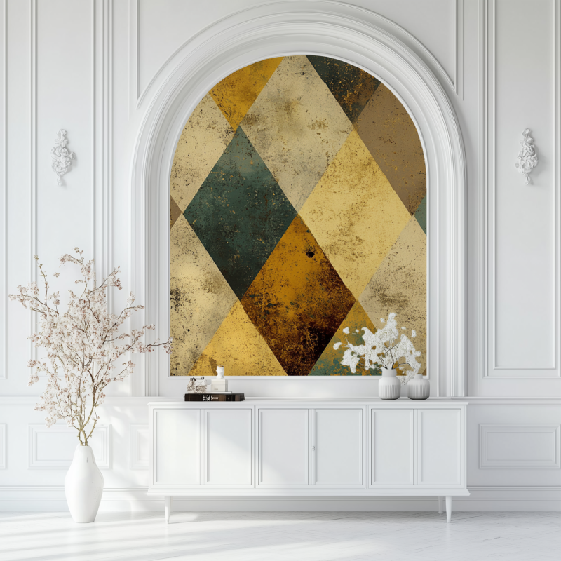 Papier peint vintage losange moutarde salon blanc