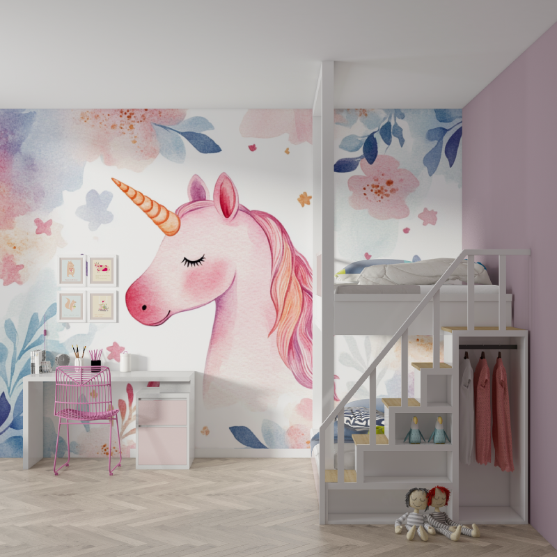 Papier peint licorne motif enchantement mur chambre fille