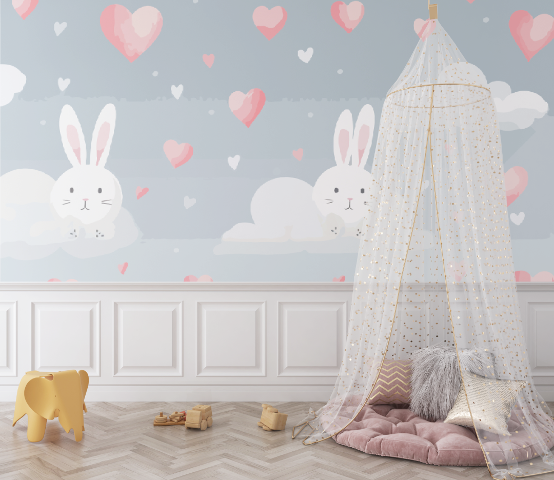 Papier peint bébé Lapins et cœurs - bebe