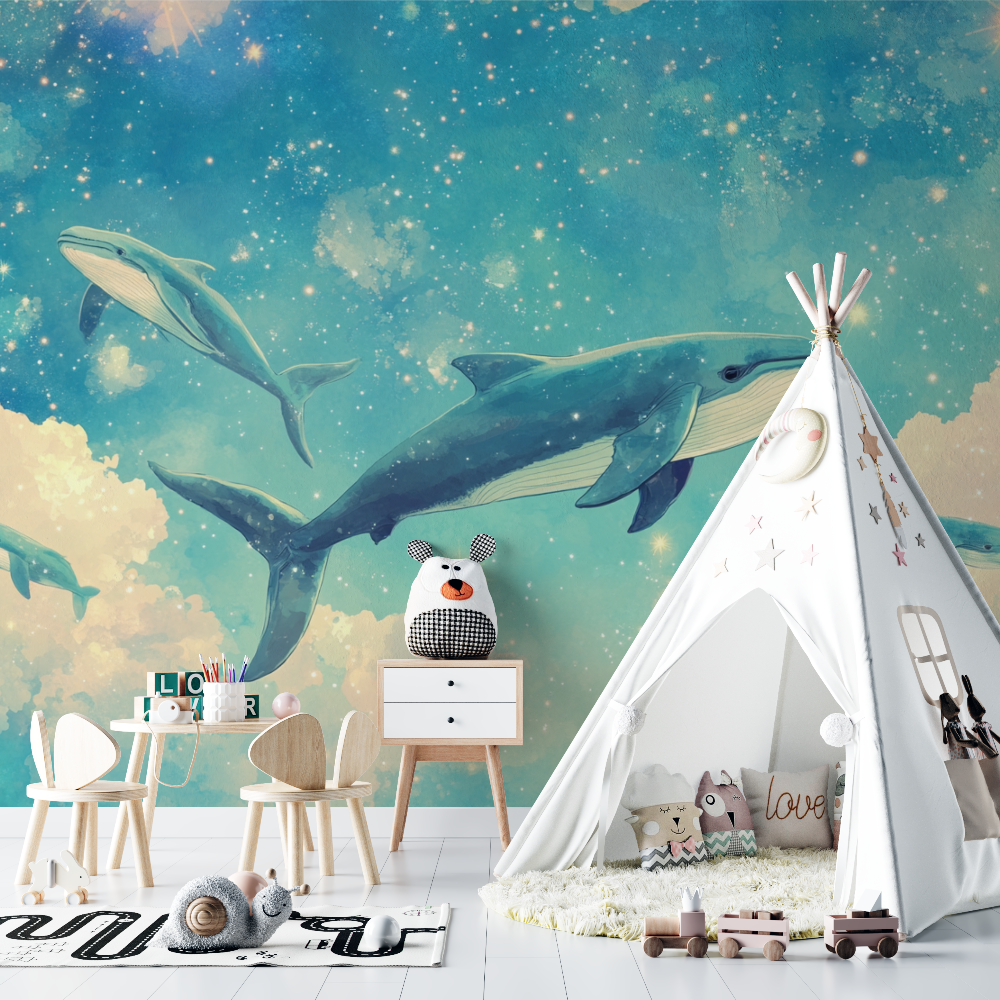 Papier peint marin ocean pastel et baleines chambre bebe