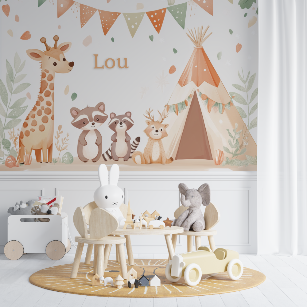 Papier peint prenom animaux tipi chambre de bebe