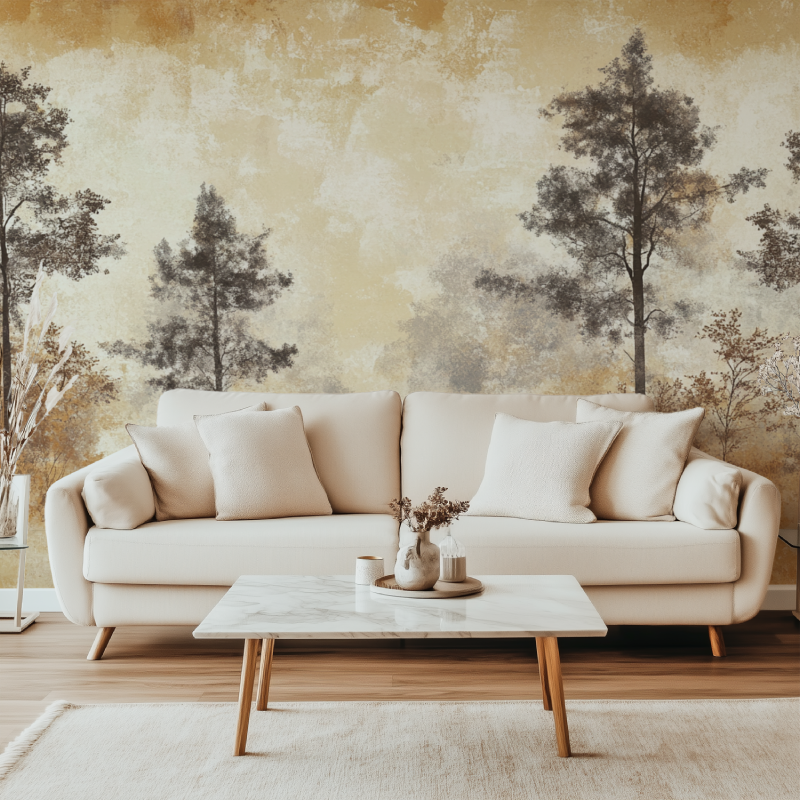 Papier peint arbre moutarde canape simple