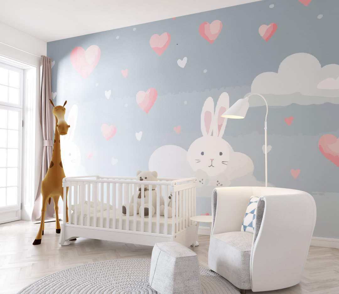 Papier peint bébé Lapins et cœurs - chambre de bebe