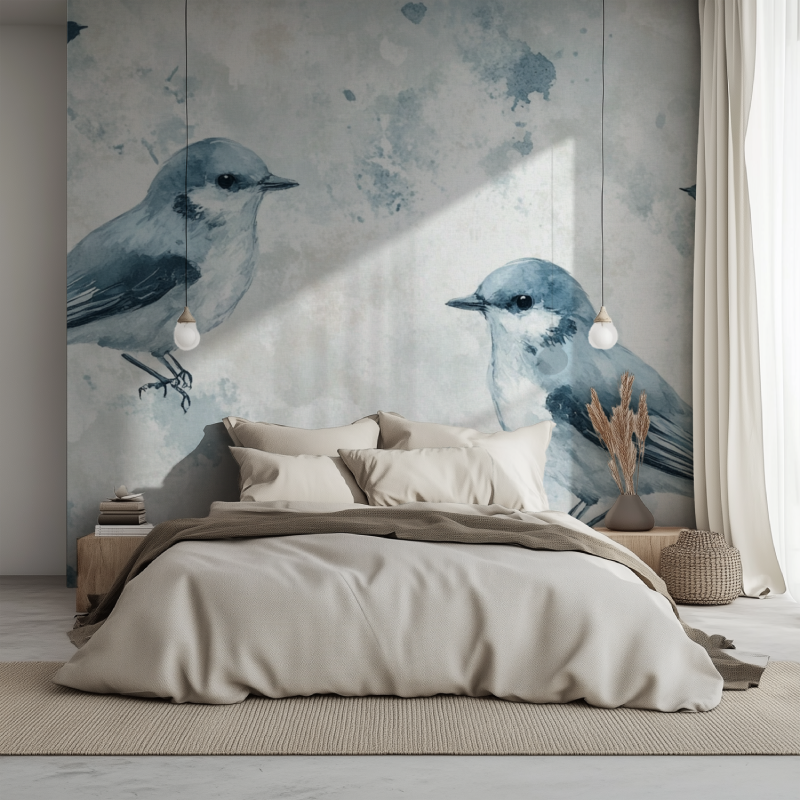 Papier peint vintage oiseaux lit 1234