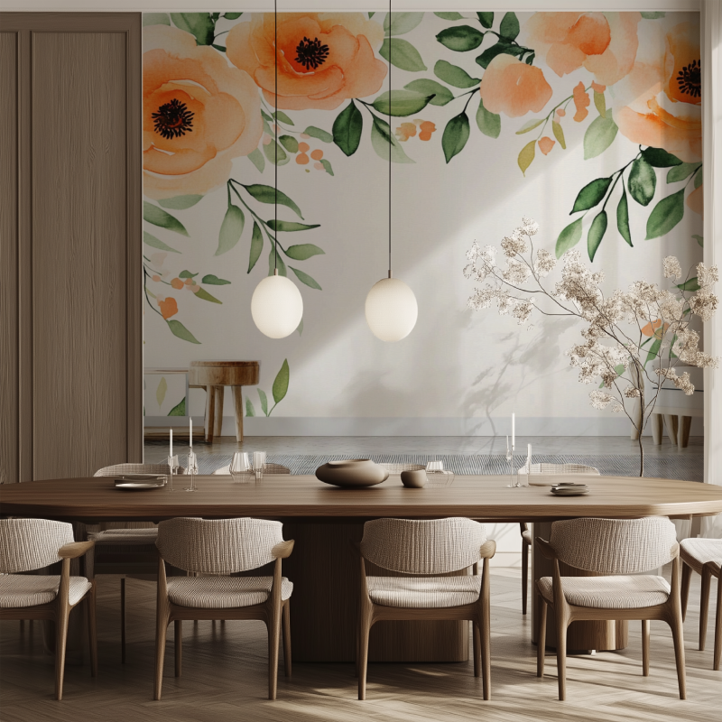 Papier peint fleur orange salle manger tendance