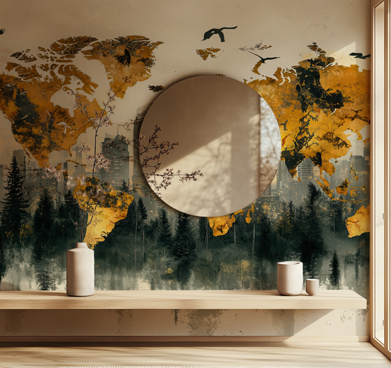 Papier peint panoramique carte monde miroir