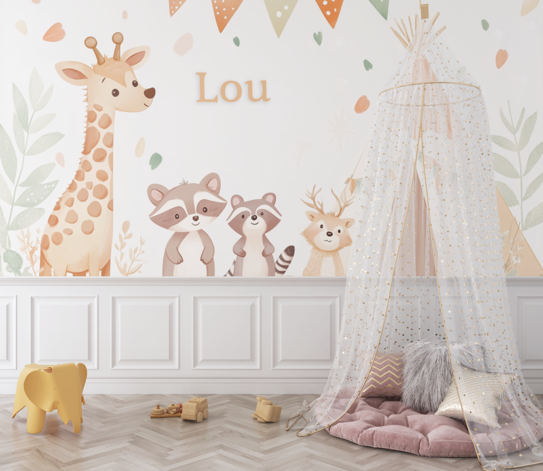 Papier peint prenom animaux tipi bebe