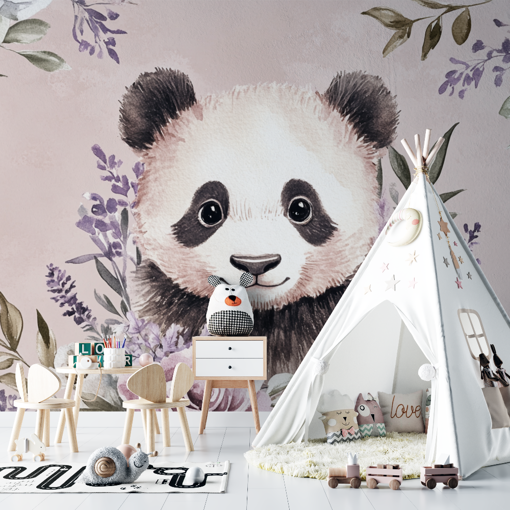 Papier peint panda et couronne de fleurs chambre bebe