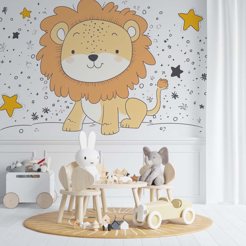 Papier peint lion et etoiles chambre de bebe