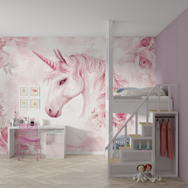 Papier peint licorne rose rose mur chambre fille