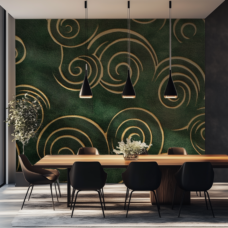 Papier peint vintage vert kaki salle manger tapisserie