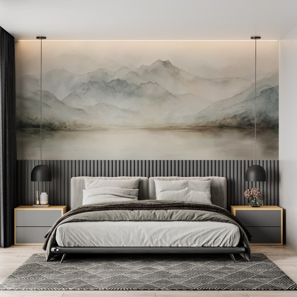 Watercolor beige aquatic landsc...er chambre adulte tendance