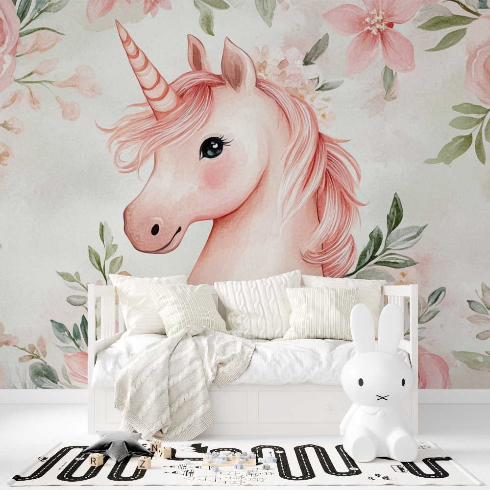 Papier peint licorne fleurs delicates tapisserie fille
