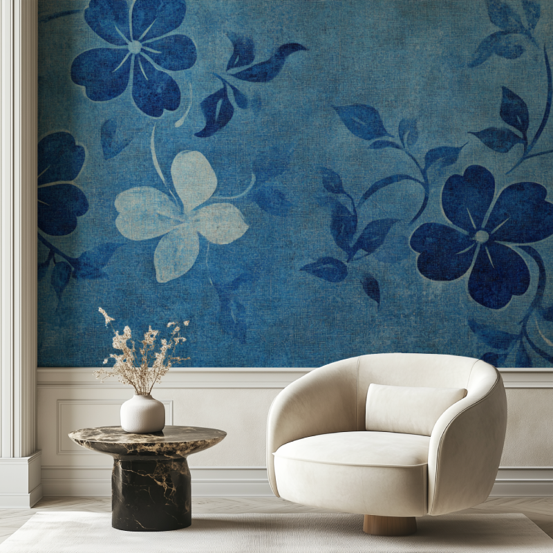 Papier peint vintage fleurs bleue chaise tendance