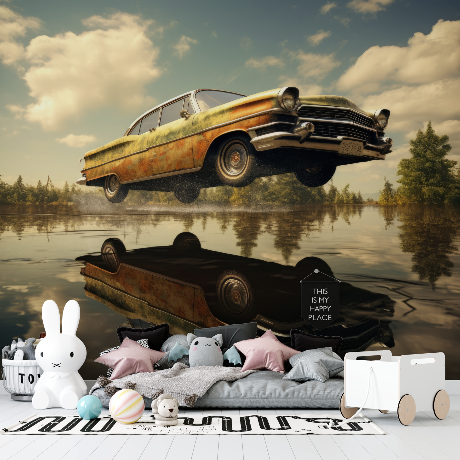 Papier peint voiture vintage flottante tapisserie garcon