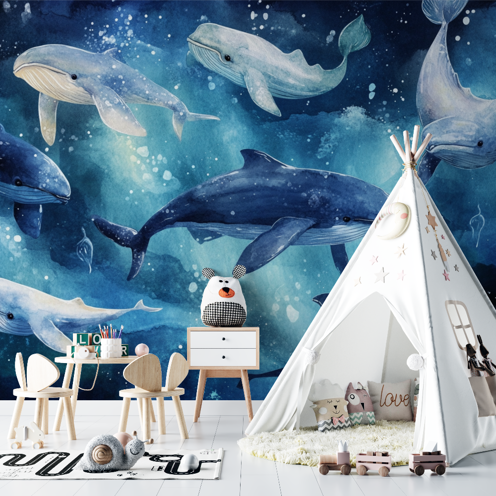 Papier peint marin baleine troupe joyeuse chambre bebe