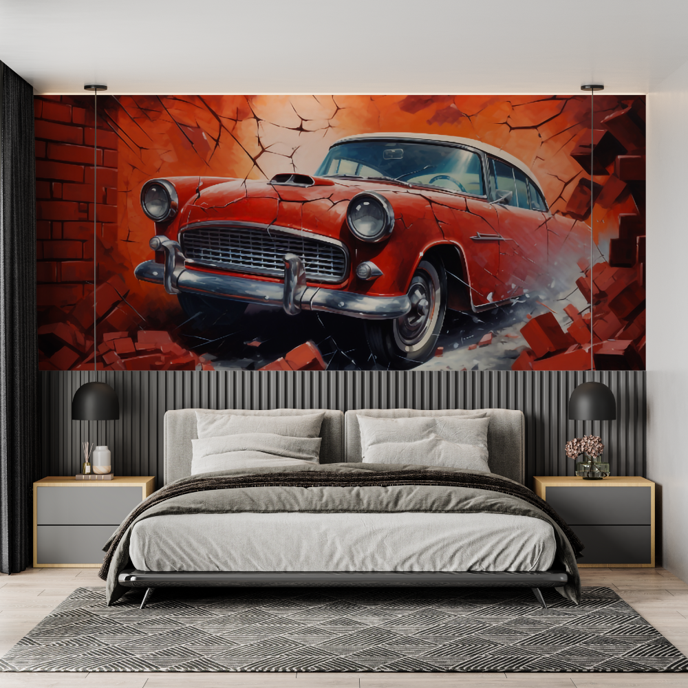Papier peint trompe loeil voiture brique chambre adulte