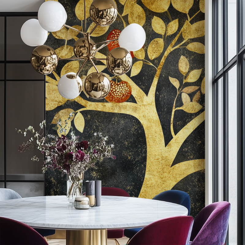 Papier peint arbre fruit dore salon chaise