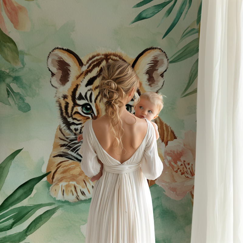 Papier peint tigre et feuillage aquarelle bb123