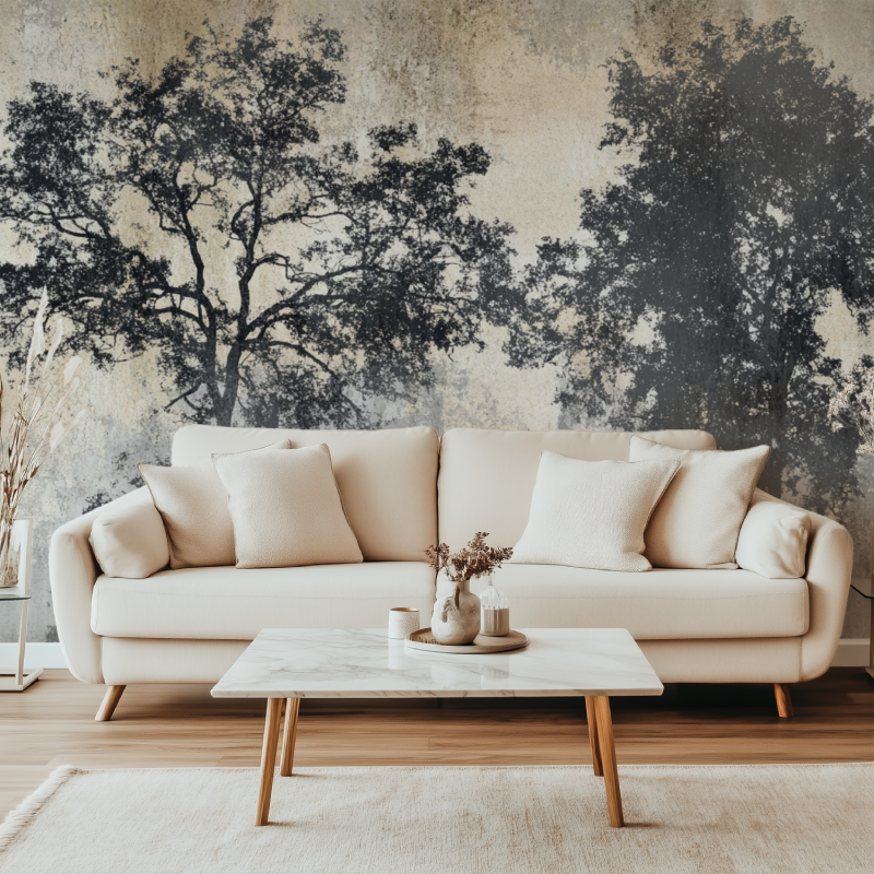 Papier peint arbre sur beton canape simple