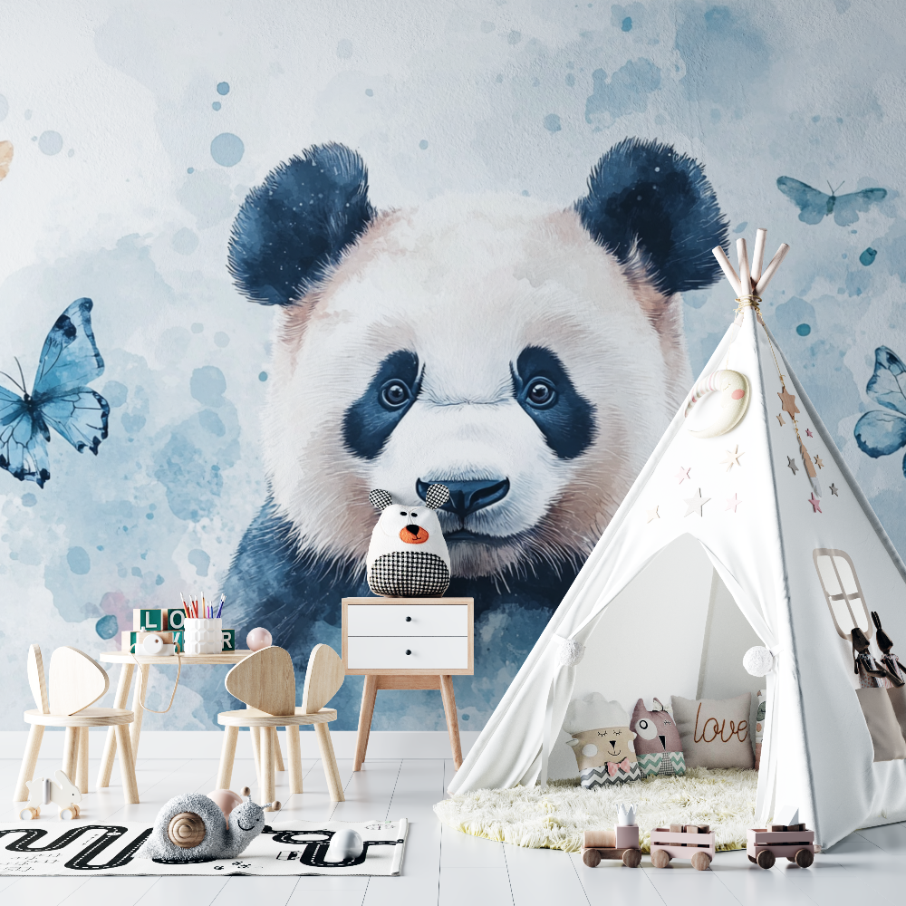 Papier peint panda et papillons chambre bebe