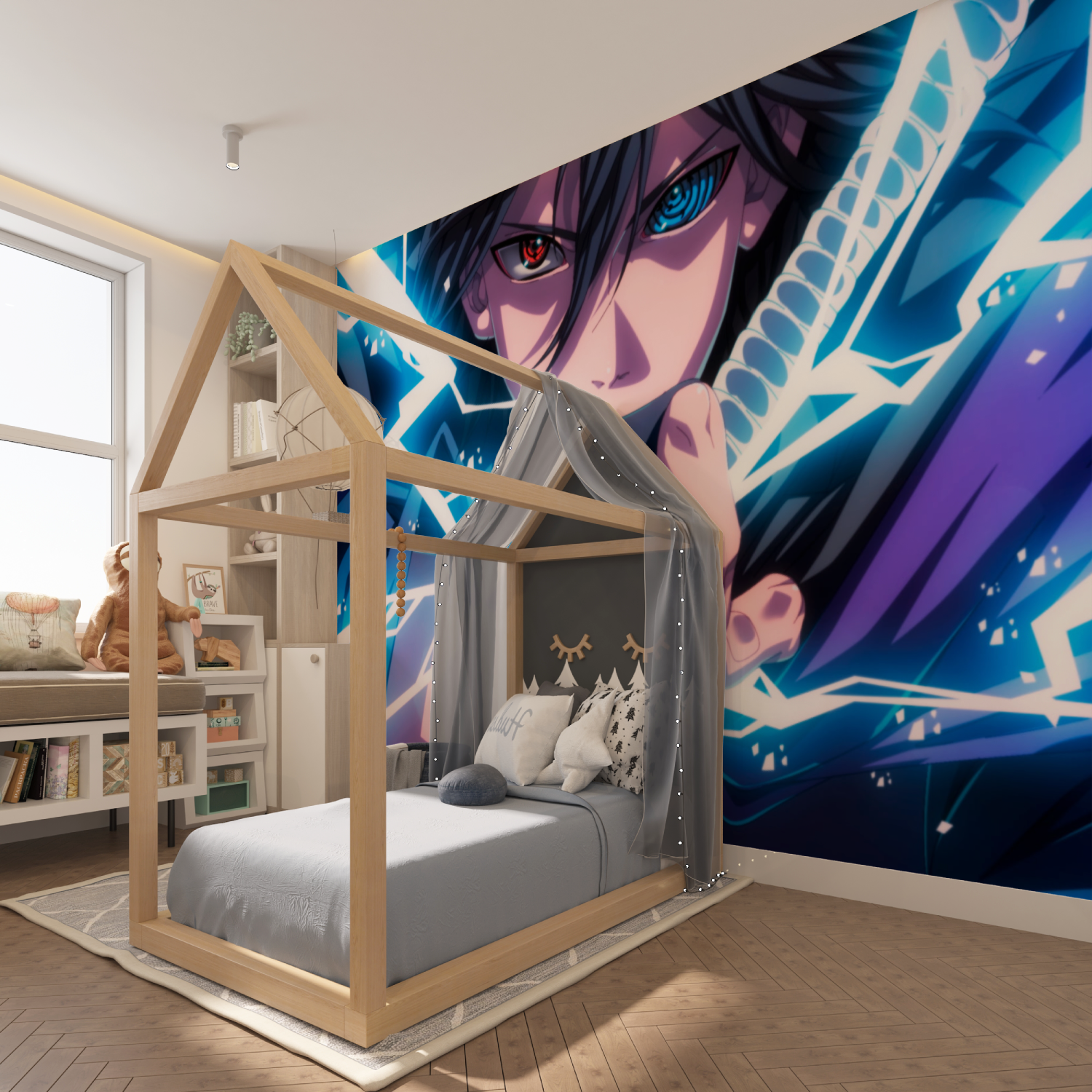 Papier Peint Naruto Sasuke Bleu - chambre garçon lit