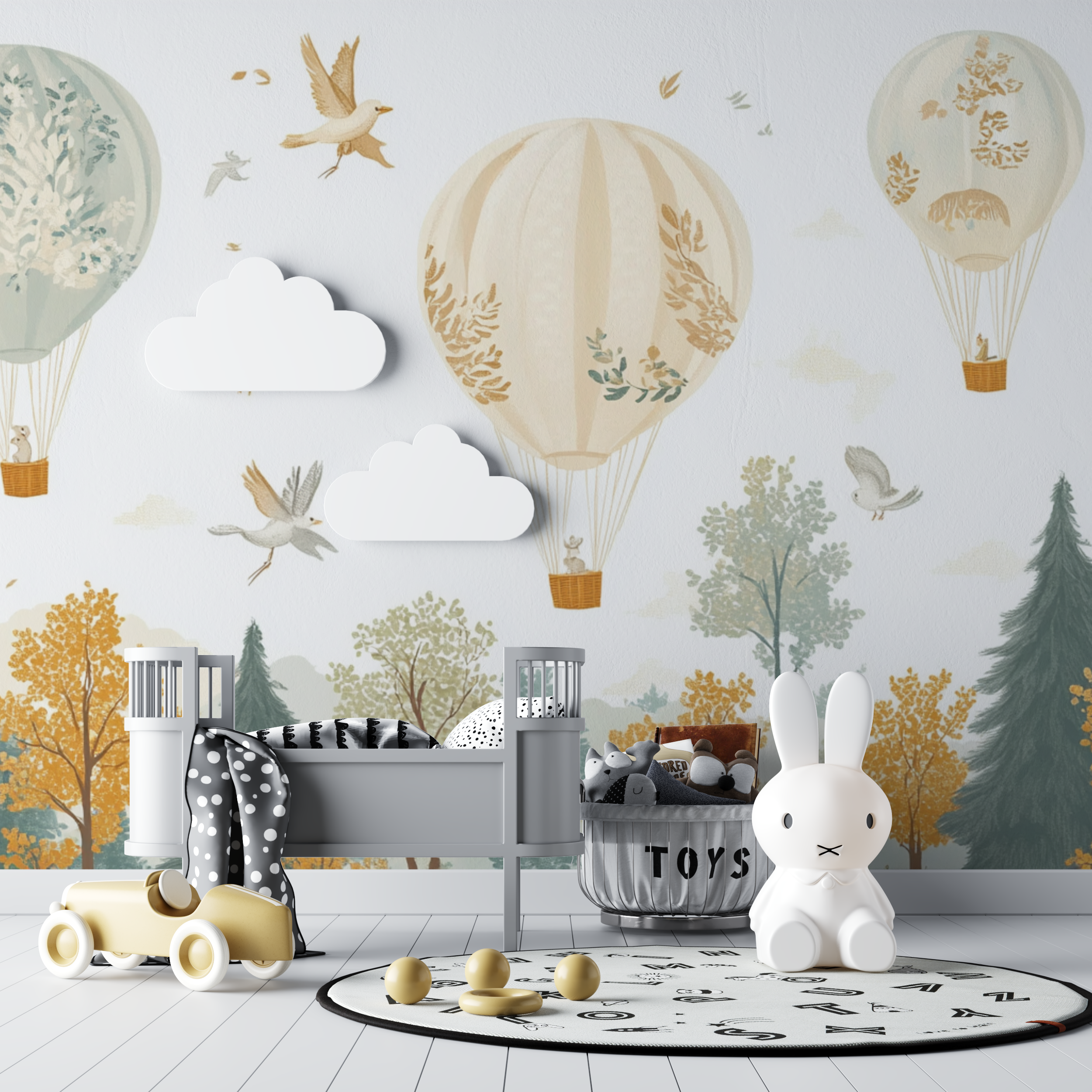 Papier peint montgolfiere et animaux de la foret bebe tipi