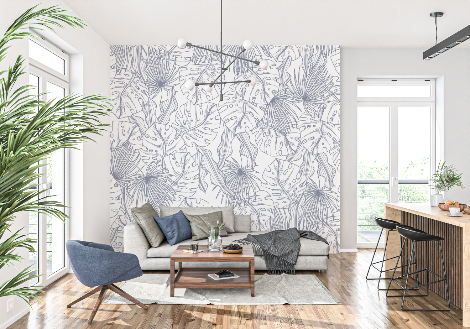 Papier Peint Toile De Jouy Ambiance Jungle - trompe l'oeil