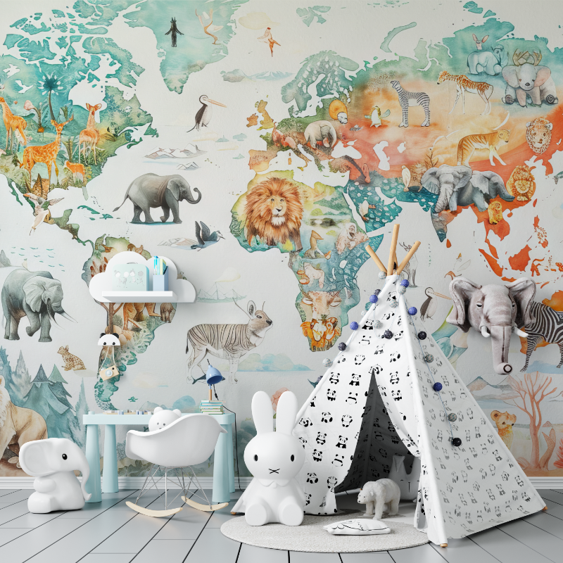 Papier peint carte du monde animaux tapisserie murs
