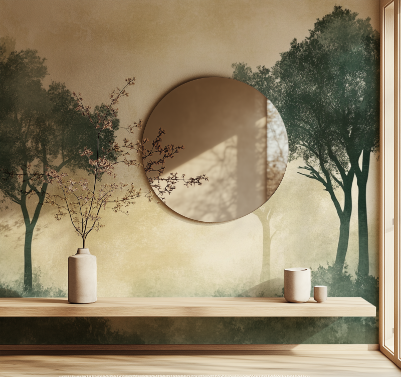 Papier peint arbre voyageur entree miroir