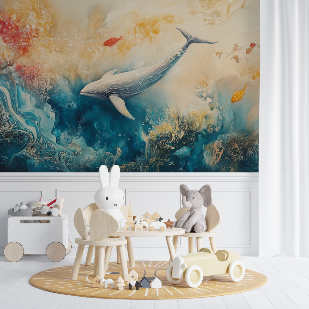 Papier peint baleine aquarelle multicolore chambre de bebe