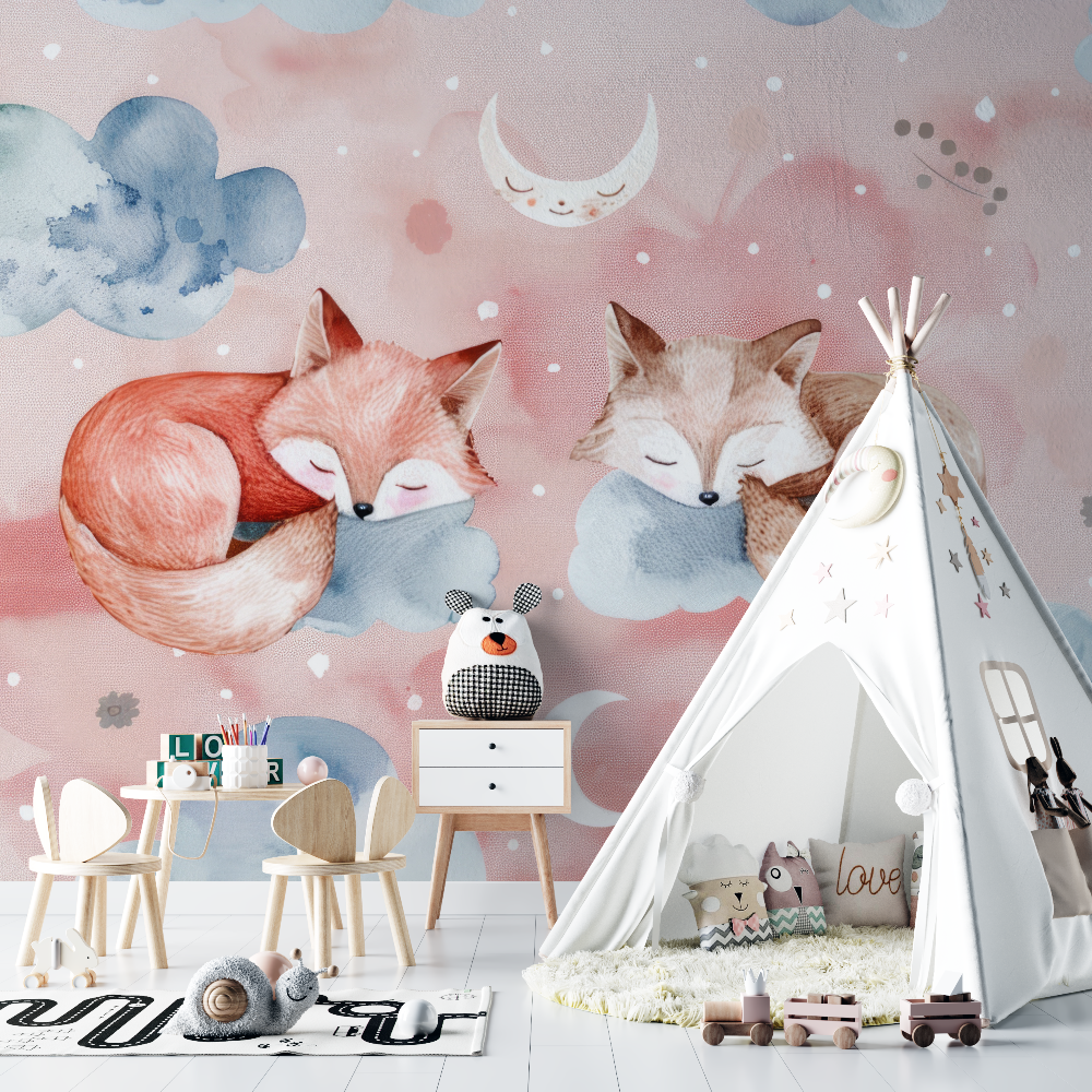 Papier peint renard ballon rose chambre bebe