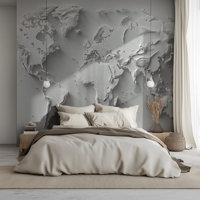 Papier peint carte du monde blanche design lit 1234