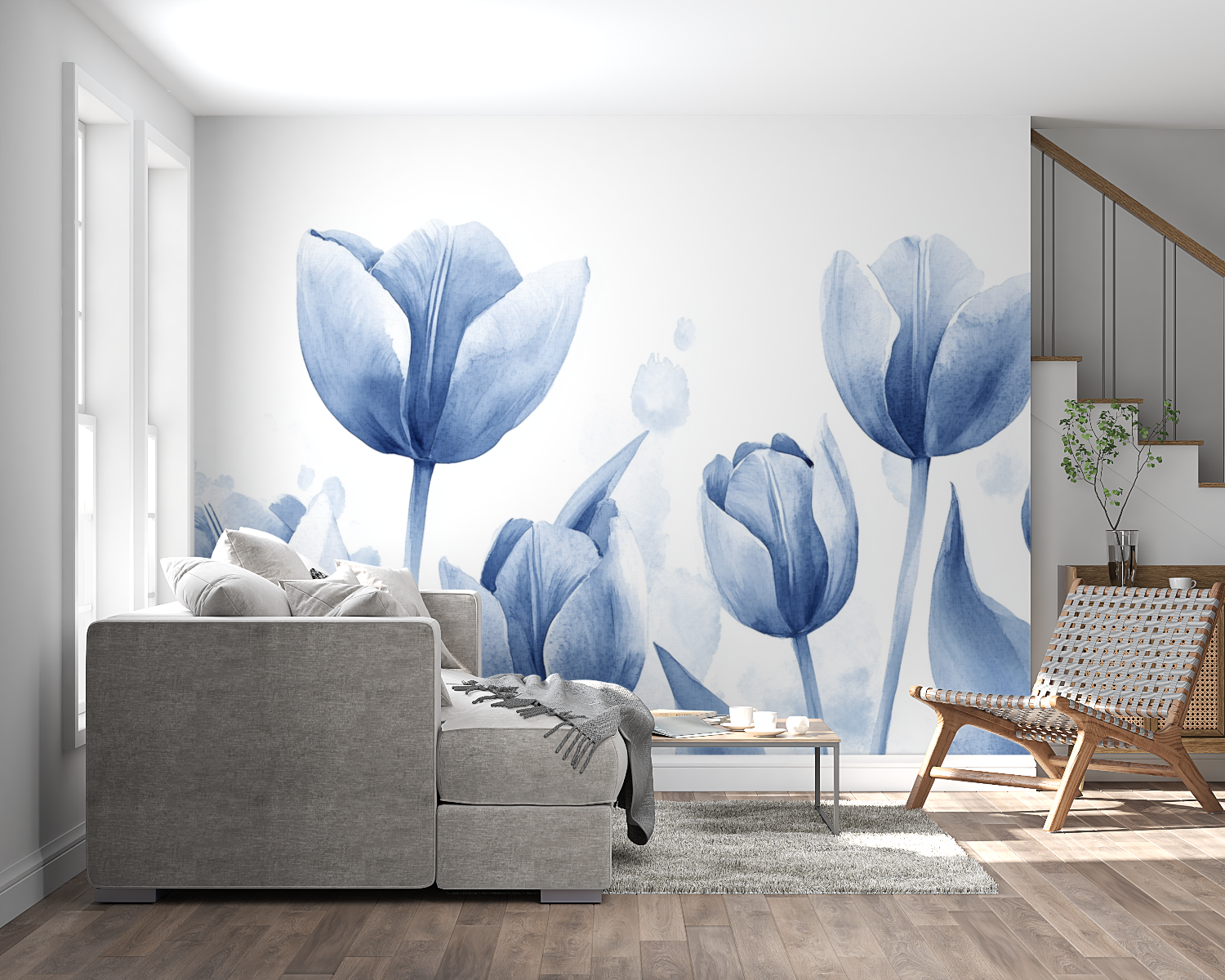 Papier peint aquarelle tulipes bleues panoramique mural