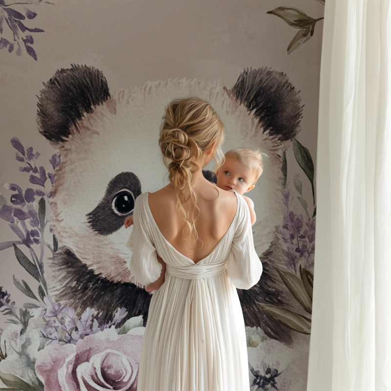 Papier peint panda et couronne de fleurs bb123