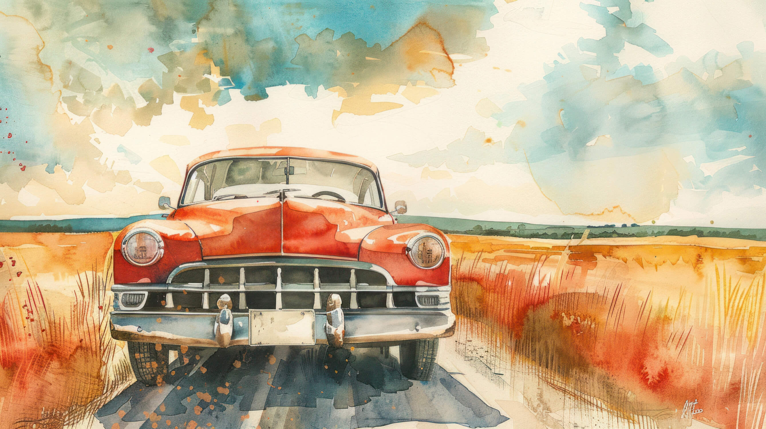 Papier Peint Voiture Vintage Style Aquarelle