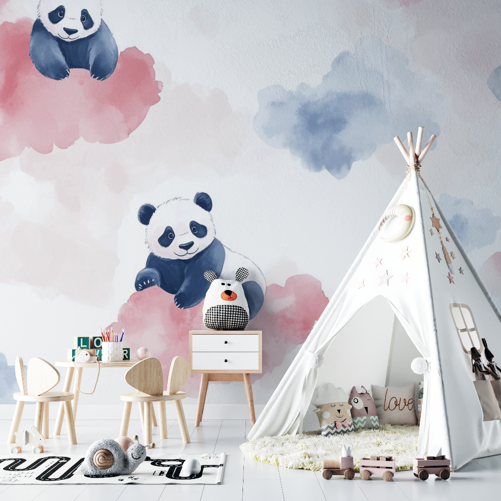 Papier peint panda et nuages pastel chambre bebe