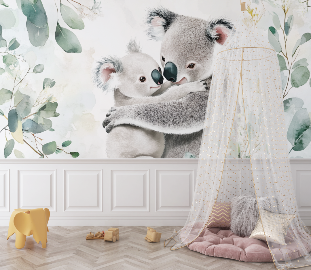 Papier peint koala blotti contre sa maman bebe