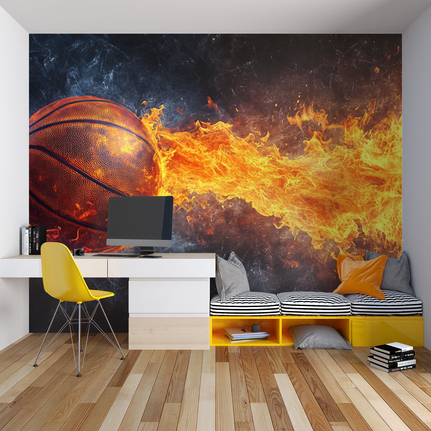 Papier peint ballon flammes basket chambre garcon lit