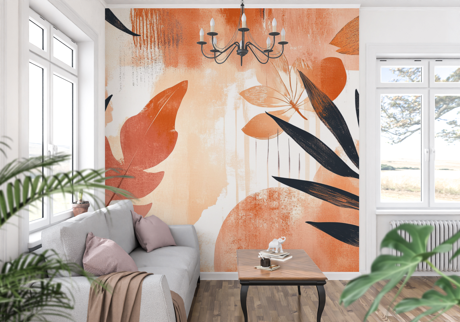 Papier peint terracotta et rose poudre panoramique mur