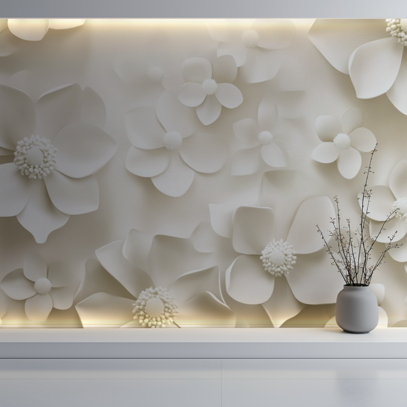 Papier peint fleur blanche mur blanc