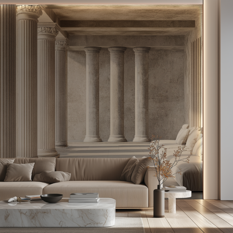 Papier peint trompe loeil couloir canape neon