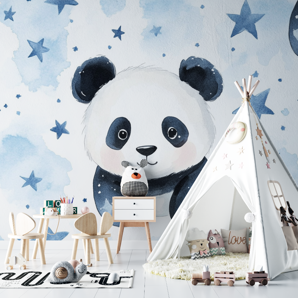 Papier peint panda et etoiles chambre bebe