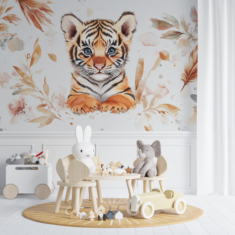 Papier peint tigre et plumes bohemes chambre de bebe