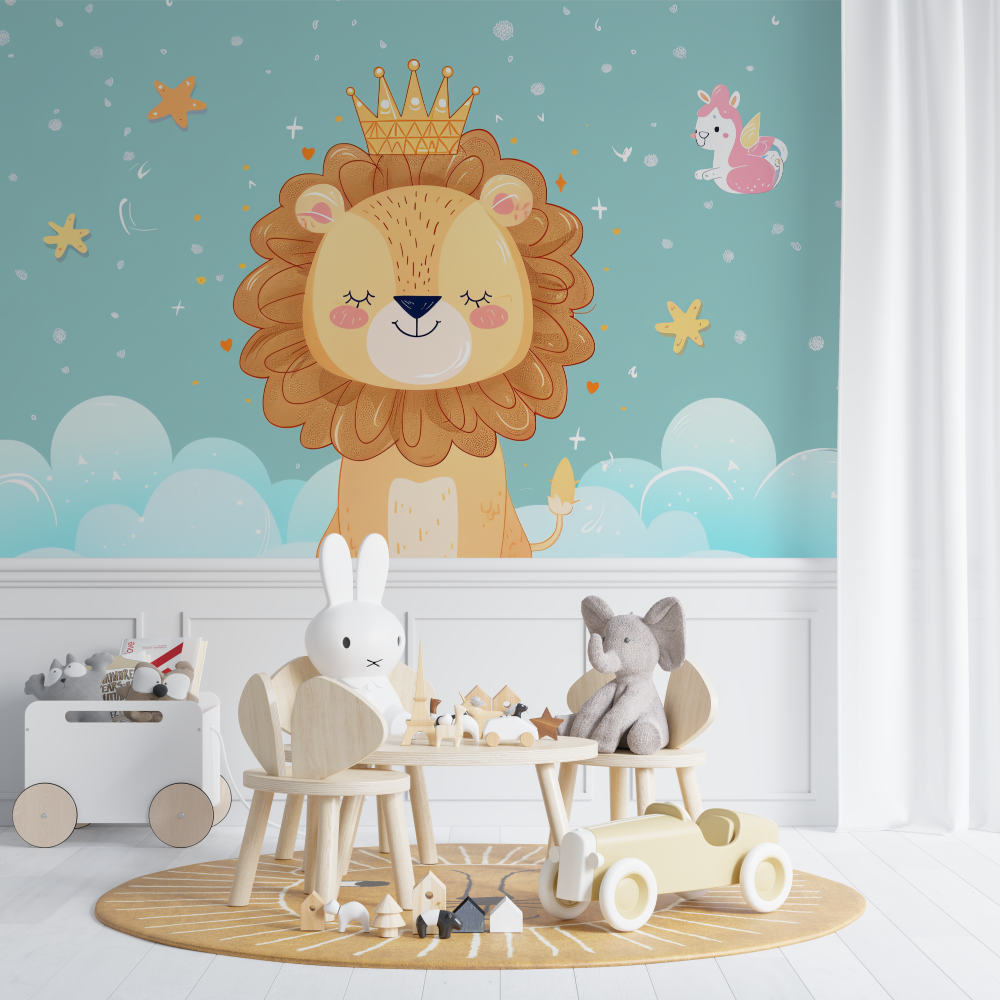 Papier peint lion bebe turquoise chambre de bebe