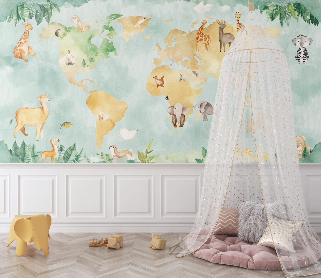 Papier peint carte du monde terre coloree animaux bebe