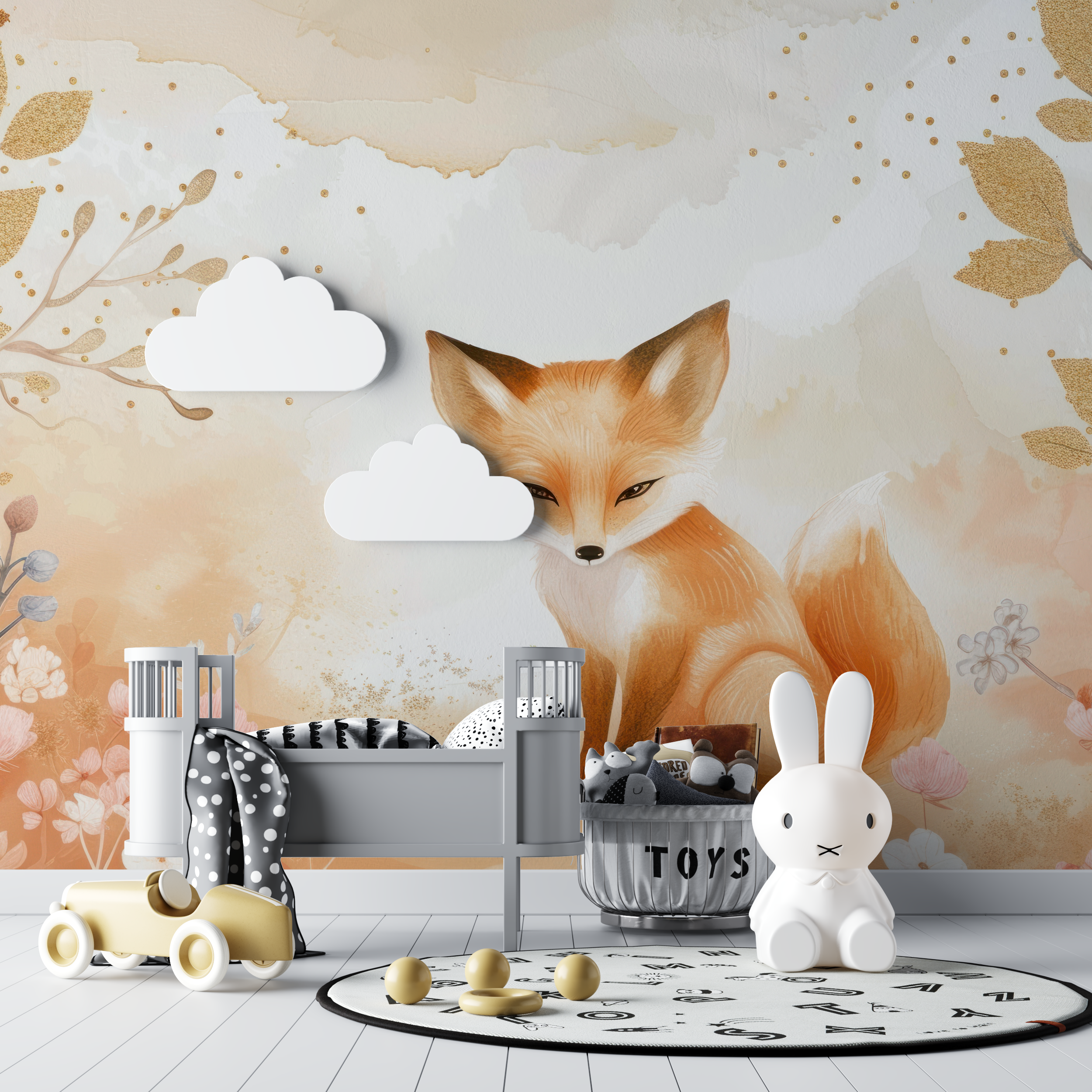 Papier peint renard floral panoramique bebe tipi