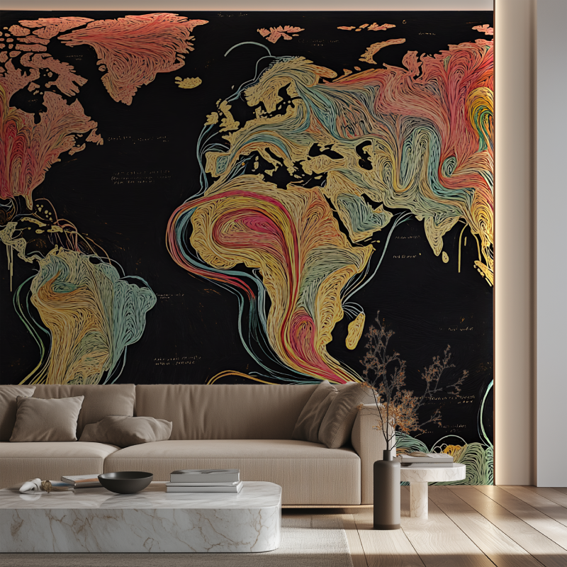 Papier peint tendance carte du monde canape neon